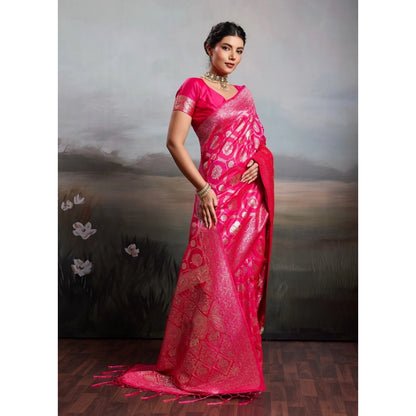 Generic Women's Silk Blend Printed Saree With Unstitched Blouse 5.5Mtr (Pink)