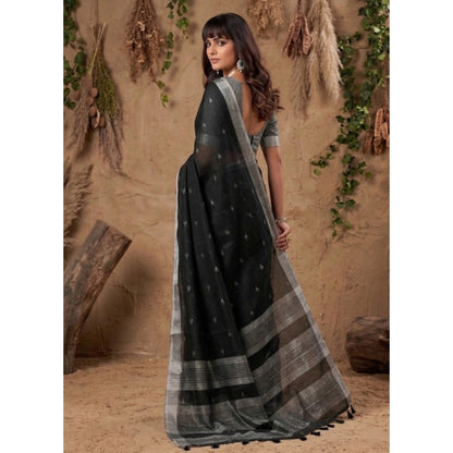Generic Women's Linen Cotton Printed Saree With Unstitched Blouse 5.5Mtr (Black)