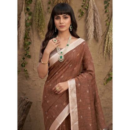 Generic Women's Linen Cotton Printed Saree With Unstitched Blouse 5.5Mtr (Brown)