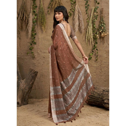 Generic Women's Linen Cotton Printed Saree With Unstitched Blouse 5.5Mtr (Brown)