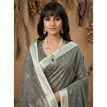 Generic Women's Linen Cotton Printed Saree With Unstitched Blouse 5.5Mtr (Gray)