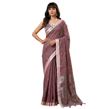 Generic Women's Linen Cotton Printed Saree With Unstitched Blouse 5.5Mtr (Purple)
