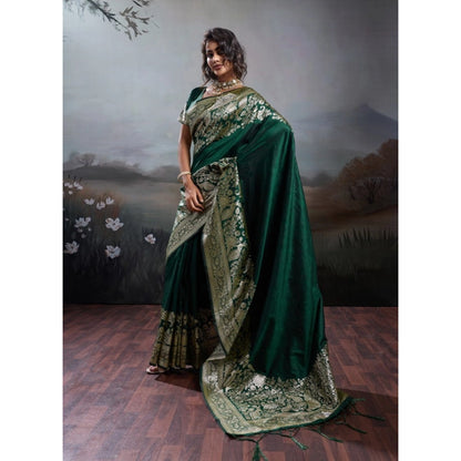 Generic Women's Silk Blend Printed Saree With Unstitched Blouse 5.5Mtr (Dark Green)