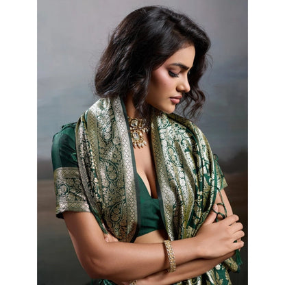 Generic Women's Silk Blend Printed Saree With Unstitched Blouse 5.5Mtr (Dark Green)