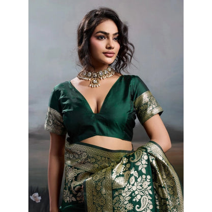 Generic Women's Silk Blend Printed Saree With Unstitched Blouse 5.5Mtr (Dark Green)