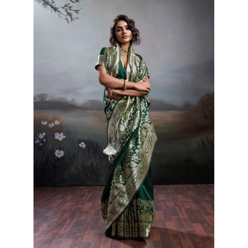 Generic Women's Silk Blend Printed Saree With Unstitched Blouse 5.5Mtr (Dark Green)