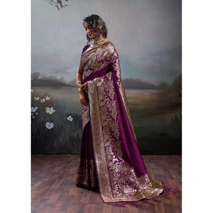 Generic Women's Silk Blend Printed Saree With Unstitched Blouse 5.5Mtr (Wine)
