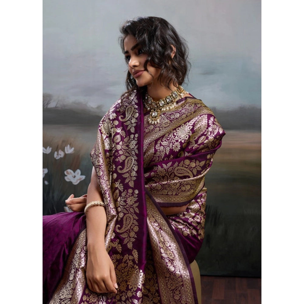 Generic Women's Silk Blend Printed Saree With Unstitched Blouse 5.5Mtr (Wine)