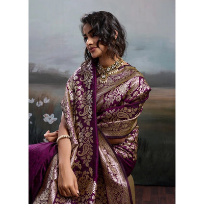 Generic Women's Silk Blend Printed Saree With Unstitched Blouse 5.5Mtr (Wine)