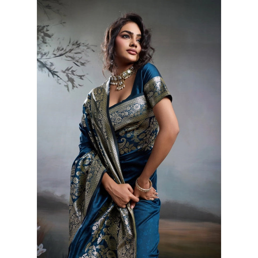 Generic Women's Silk Blend Printed Saree With Unstitched Blouse 5.5Mtr (Navy Blue)