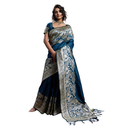 Generic Women's Silk Blend Printed Saree With Unstitched Blouse 5.5Mtr (Navy Blue)