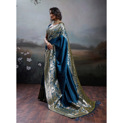 Generic Women's Silk Blend Printed Saree With Unstitched Blouse 5.5Mtr (Navy Blue)