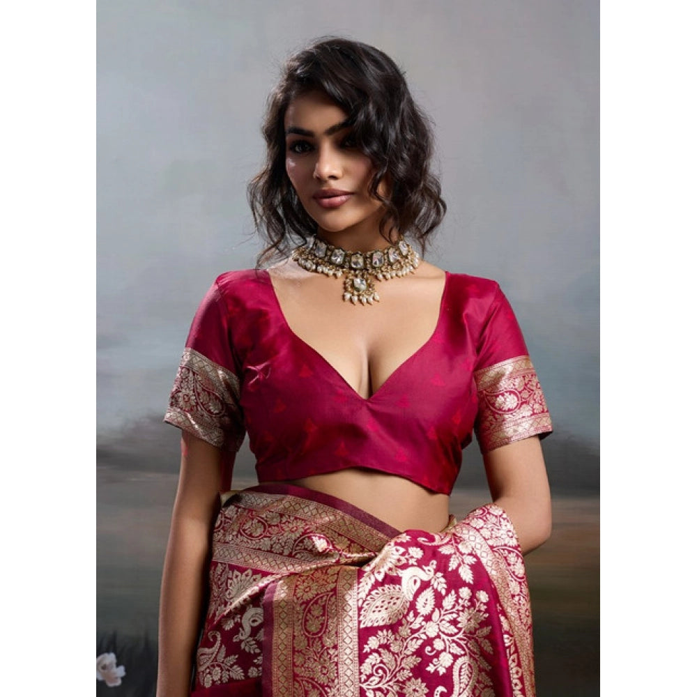 Generic Women's Silk Blend Printed Saree With Unstitched Blouse 5.5Mtr (Maroon)