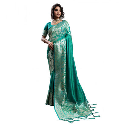 Generic Women's Silk Blend Printed Saree With Unstitched Blouse 5.5Mtr (Teal Green)