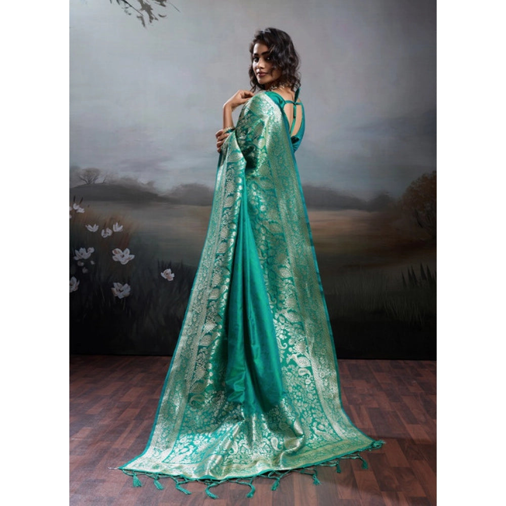 Generic Women's Silk Blend Printed Saree With Unstitched Blouse 5.5Mtr (Teal Green)