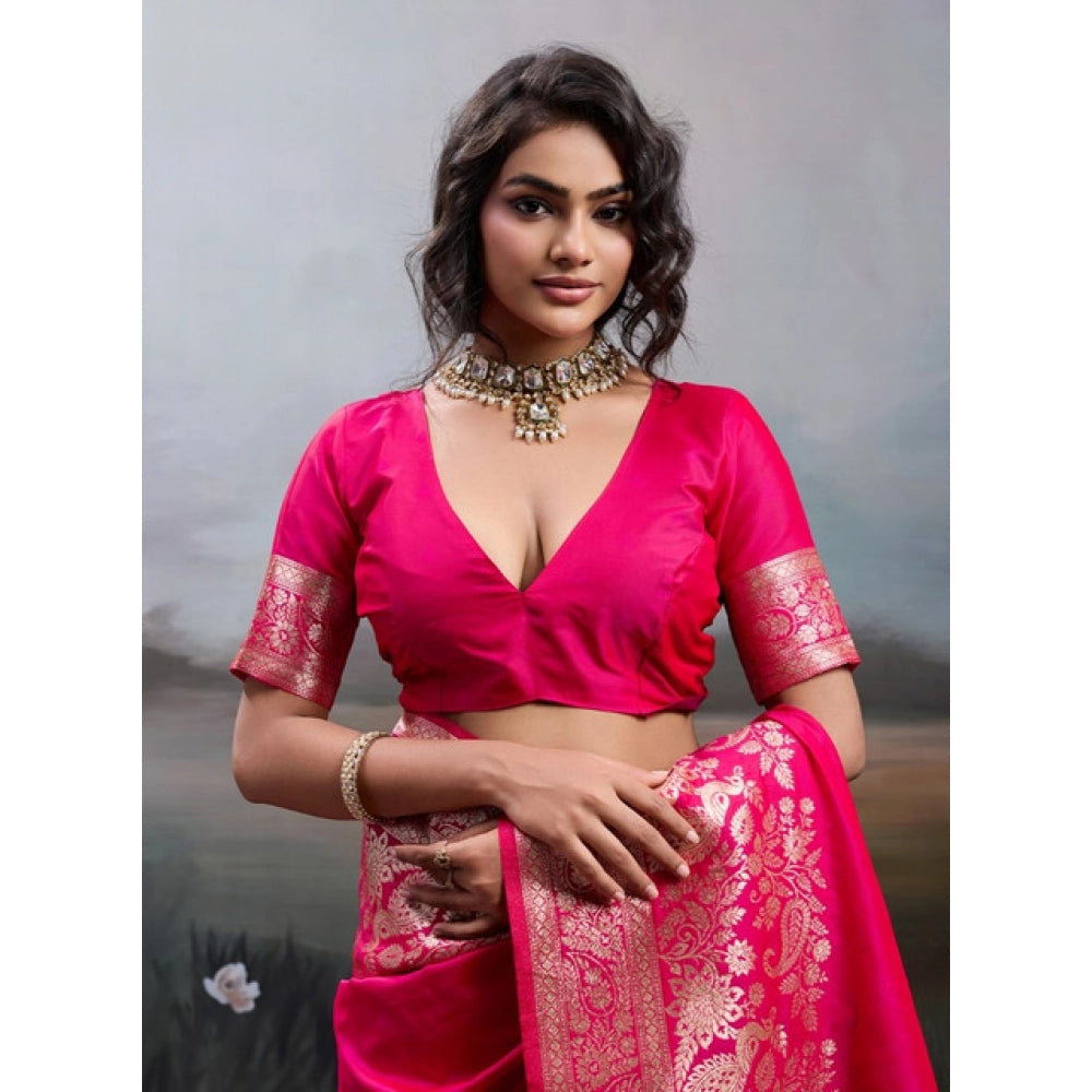 Generic Women's Silk Blend Printed Saree With Unstitched Blouse 5.5Mtr (Pink)