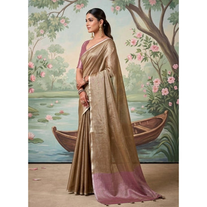 Generic Women's Tissue Silk Solid Saree With Unstitched Blouse 5.5Mtr (Brown)