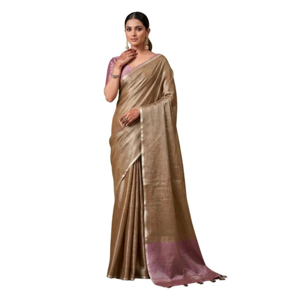 Generic Women's Tissue Silk Solid Saree With Unstitched Blouse 5.5Mtr (Brown)