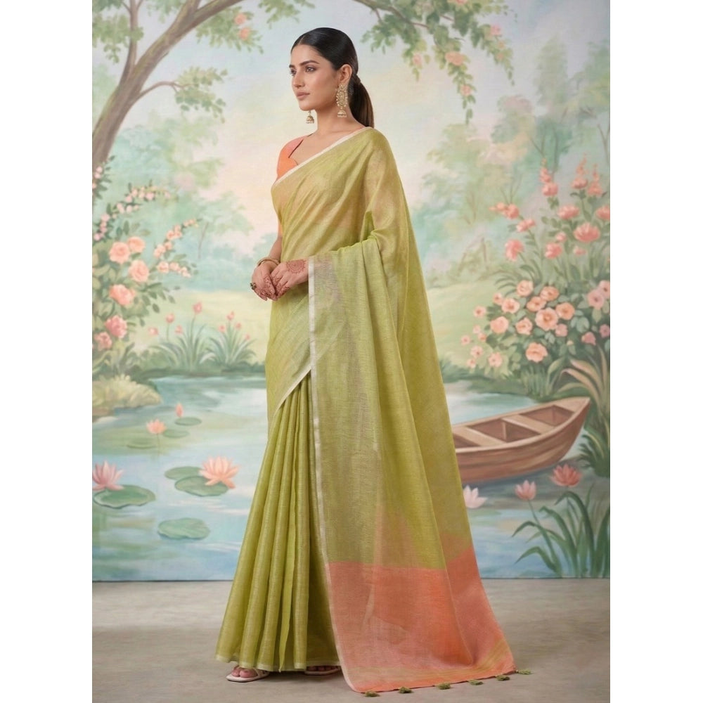Generic Women's Tissue Silk Solid Saree With Unstitched Blouse 5.5Mtr (Green)
