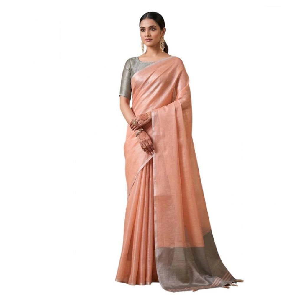 Generic Women's Tissue Silk Solid Saree With Unstitched Blouse 5.5Mtr (Peach)