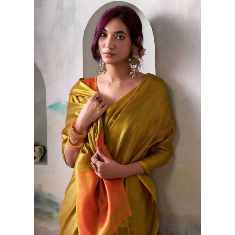 Generic Women's Tissue Silk Solid Saree With Unstitched Blouse 5.5Mtr (Mustard)