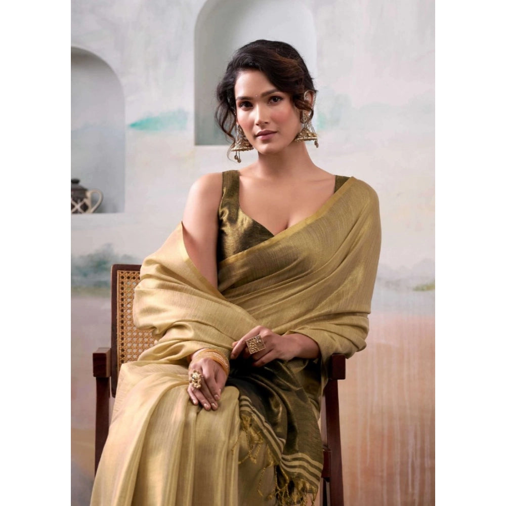 Generic Women's Tissue Silk Solid Saree With Unstitched Blouse 5.5Mtr (Gold)