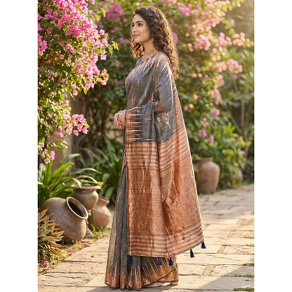 Generic Women's Linen Cotton Printed Saree With Unstitched Blouse 5.5Mtr (Grey)