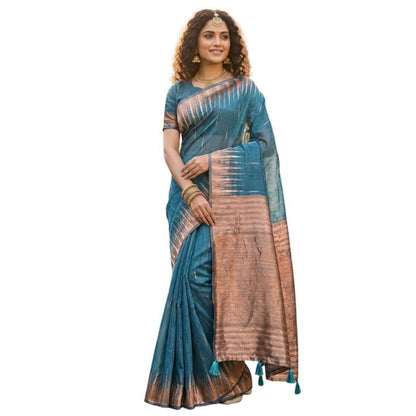Generic Women's Linen Cotton Printed Saree With Unstitched Blouse 5.5Mtr (Blue)
