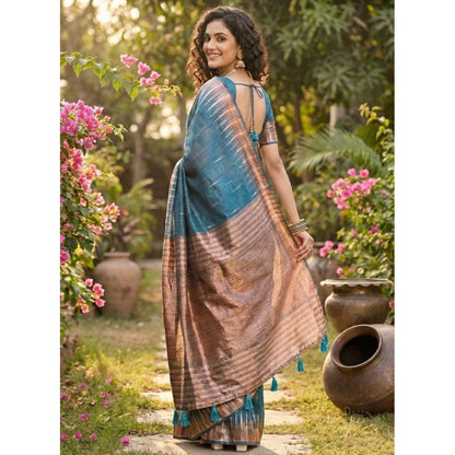 Generic Women's Linen Cotton Printed Saree With Unstitched Blouse 5.5Mtr (Blue)