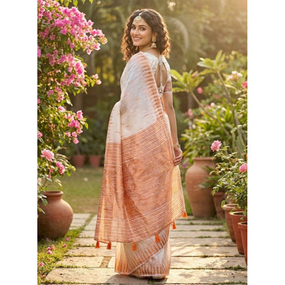 Generic Women's Linen Cotton Printed Saree With Unstitched Blouse 5.5Mtr (White)
