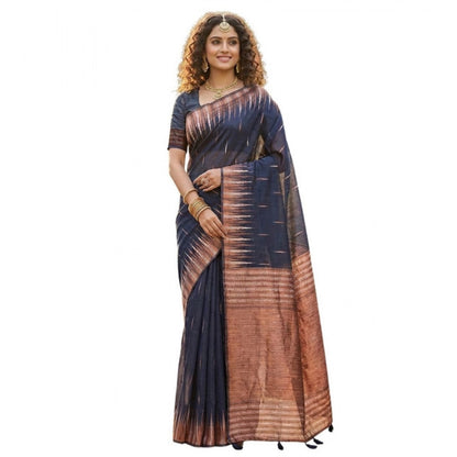 Generic Women's Linen Cotton Printed Saree With Unstitched Blouse 5.5Mtr (Navy Blue)