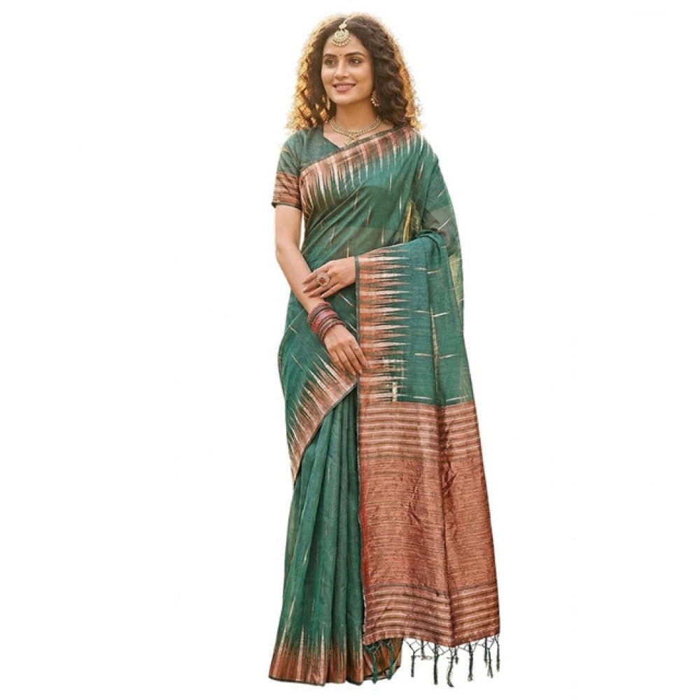 Generic Women's Linen Cotton Printed Saree With Unstitched Blouse 5.5Mtr (Green)