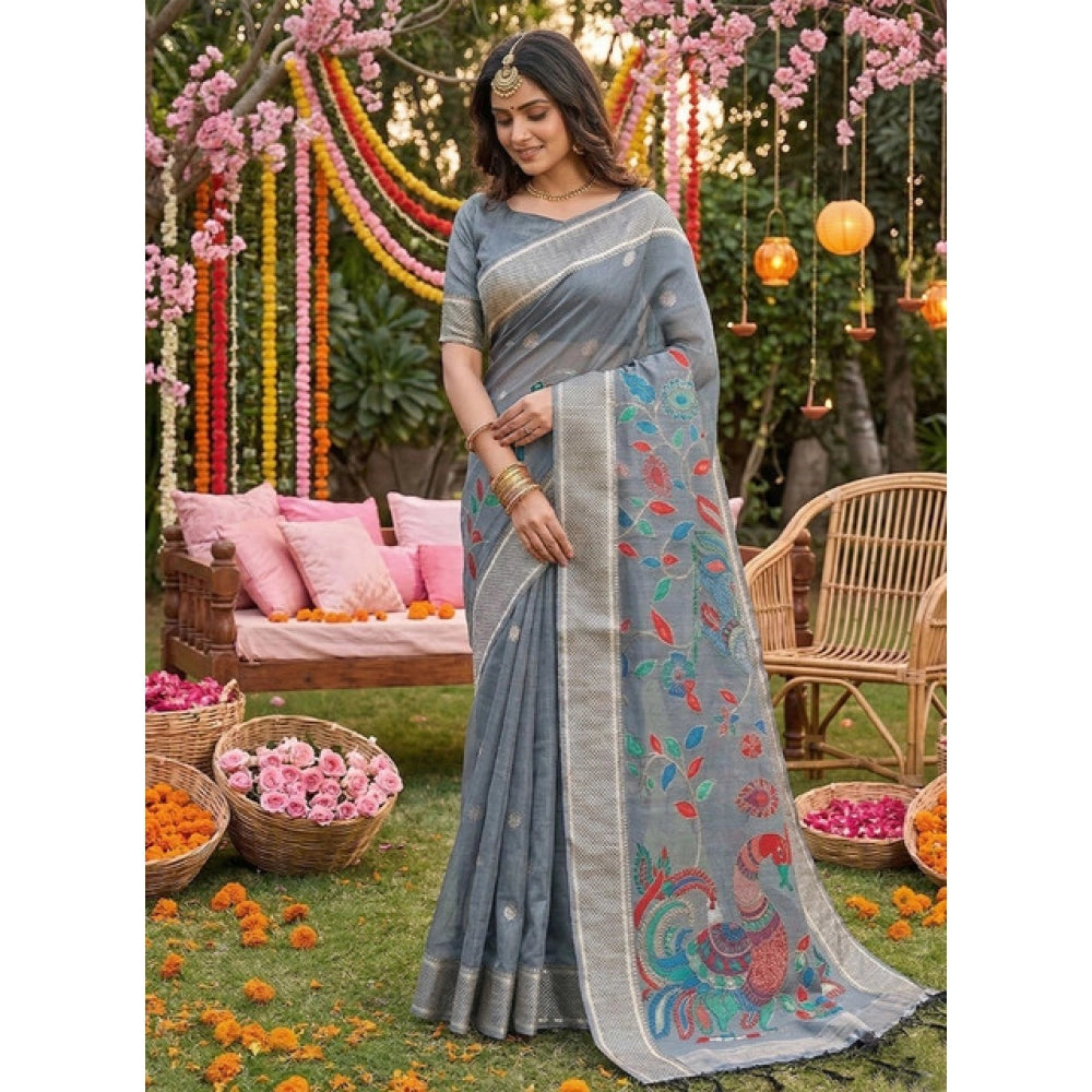 Generic Women's Linen Cotton Floral Embroidered Saree With Unstitched Blouse 5.5Mtr (Gray)