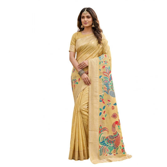 Generic Women's Linen Cotton Floral Embroidered Saree With Unstitched Blouse 5.5Mtr (Yellow)