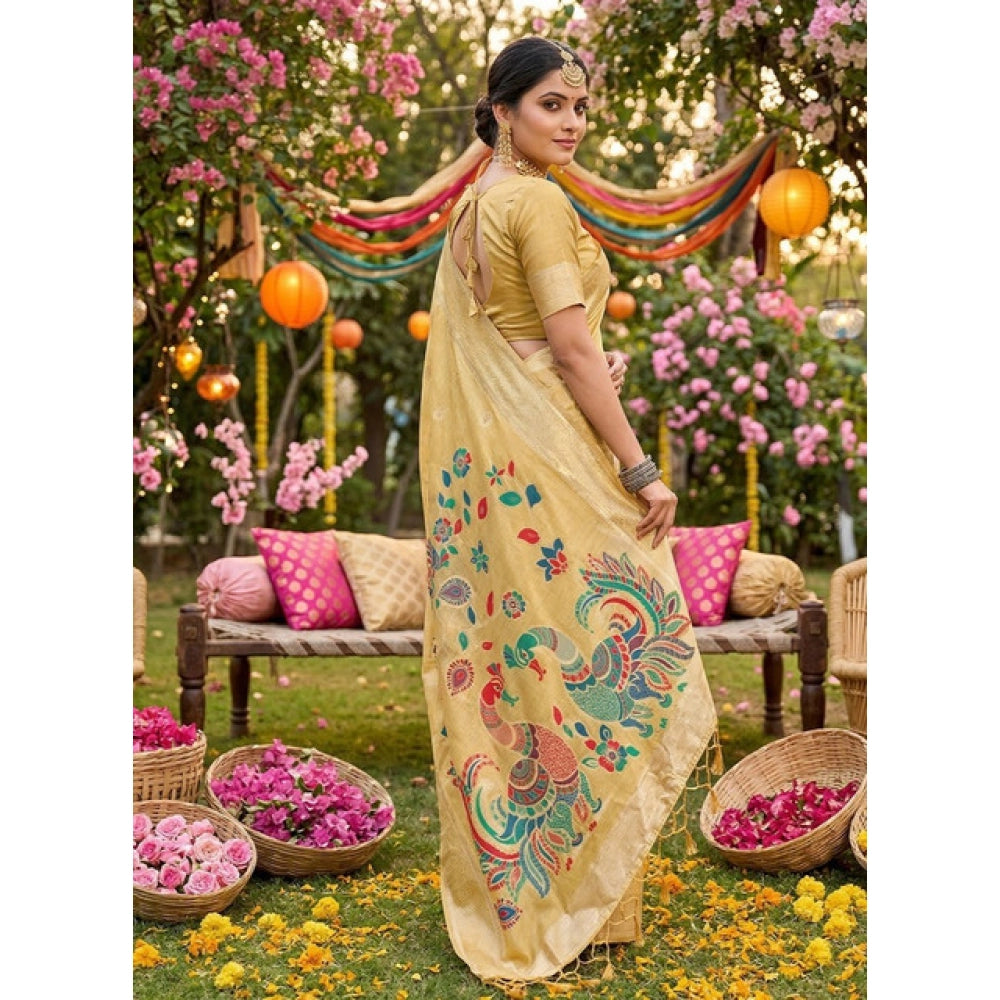 Generic Women's Linen Cotton Floral Embroidered Saree With Unstitched Blouse 5.5Mtr (Yellow)