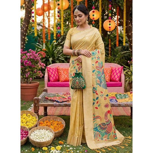 Generic Women's Linen Cotton Floral Embroidered Saree With Unstitched Blouse 5.5Mtr (Yellow)