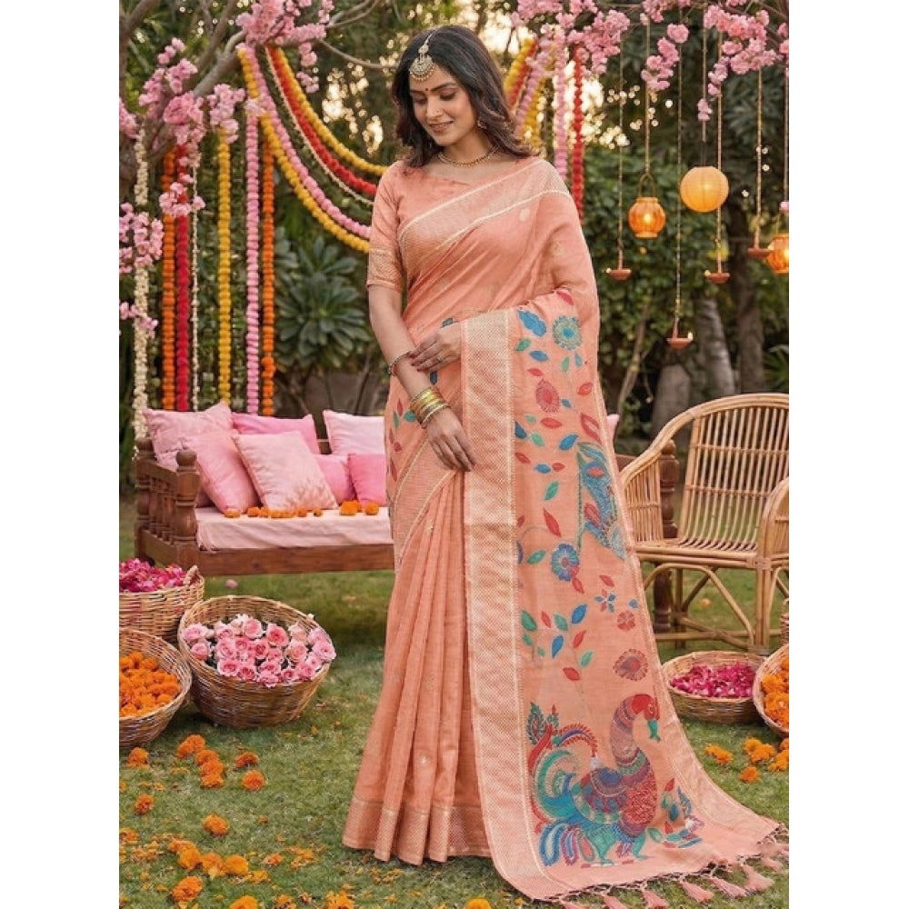 Generic Women's Linen Cotton Floral Embroidered Saree With Unstitched Blouse 5.5Mtr (Peach)