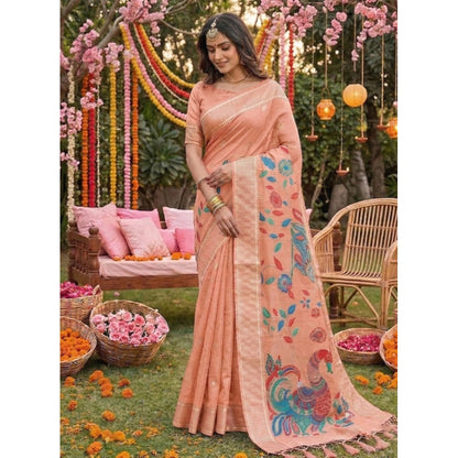 Generic Women's Linen Cotton Floral Embroidered Saree With Unstitched Blouse 5.5Mtr (Peach)