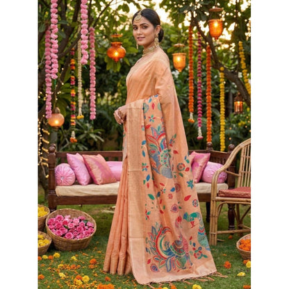 Generic Women's Linen Cotton Floral Embroidered Saree With Unstitched Blouse 5.5Mtr (Peach)