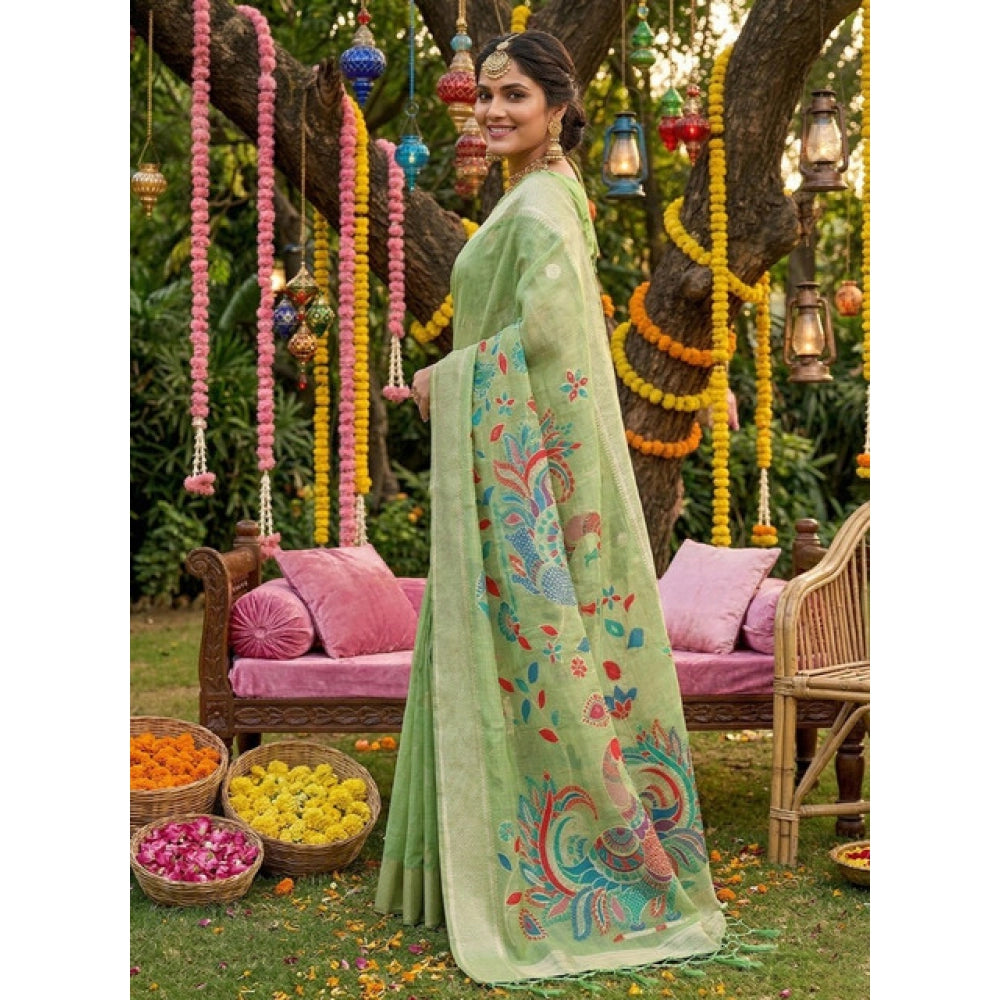 Generic Women's Linen Cotton Floral Embroidered Saree With Unstitched Blouse 5.5Mtr (Light Green)