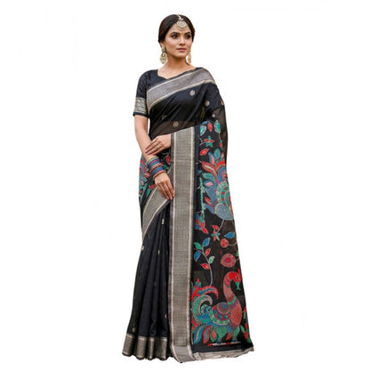 Generic Women's Linen Cotton Floral Embroidered Saree With Unstitched Blouse 5.5Mtr (Black)