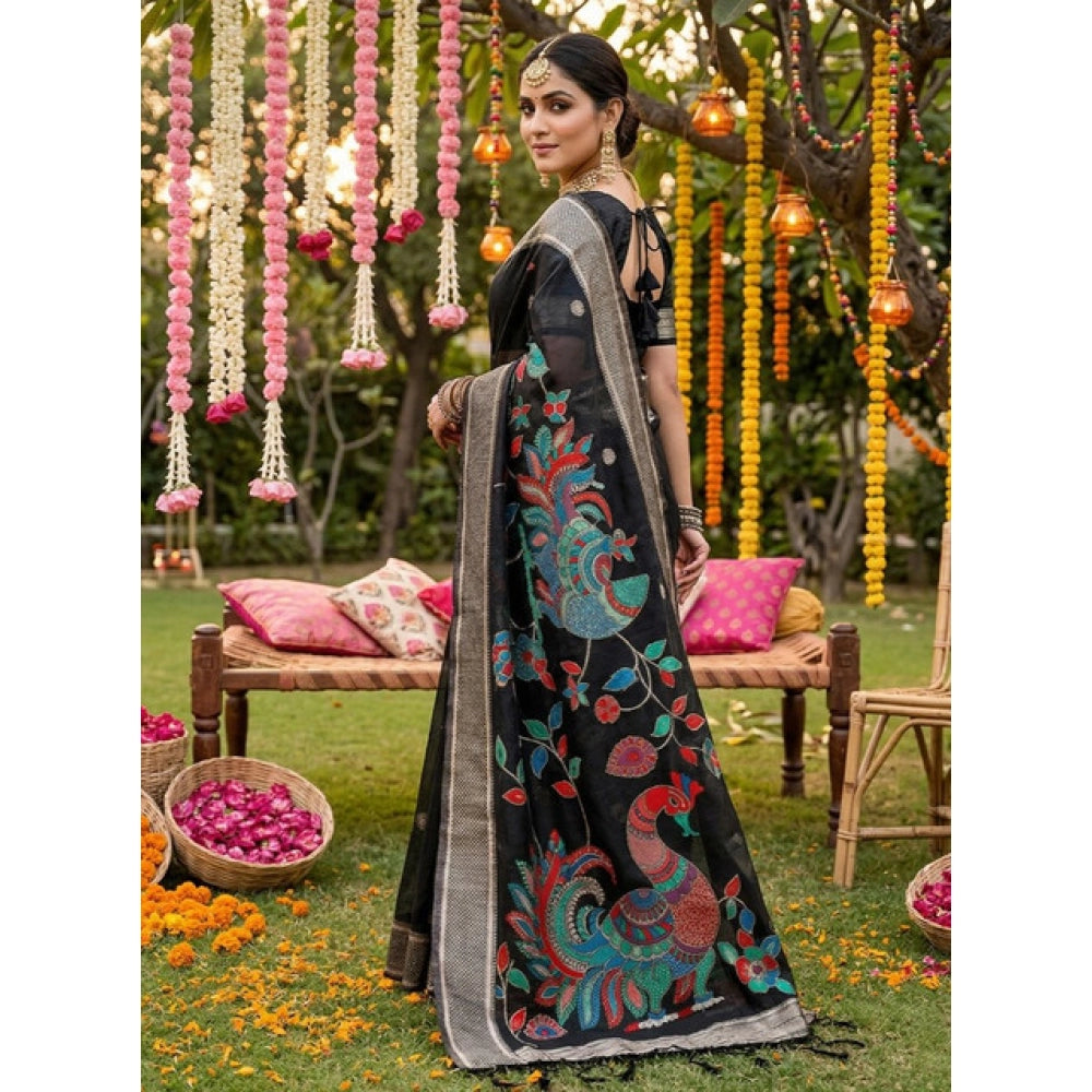 Generic Women's Linen Cotton Floral Embroidered Saree With Unstitched Blouse 5.5Mtr (Black)