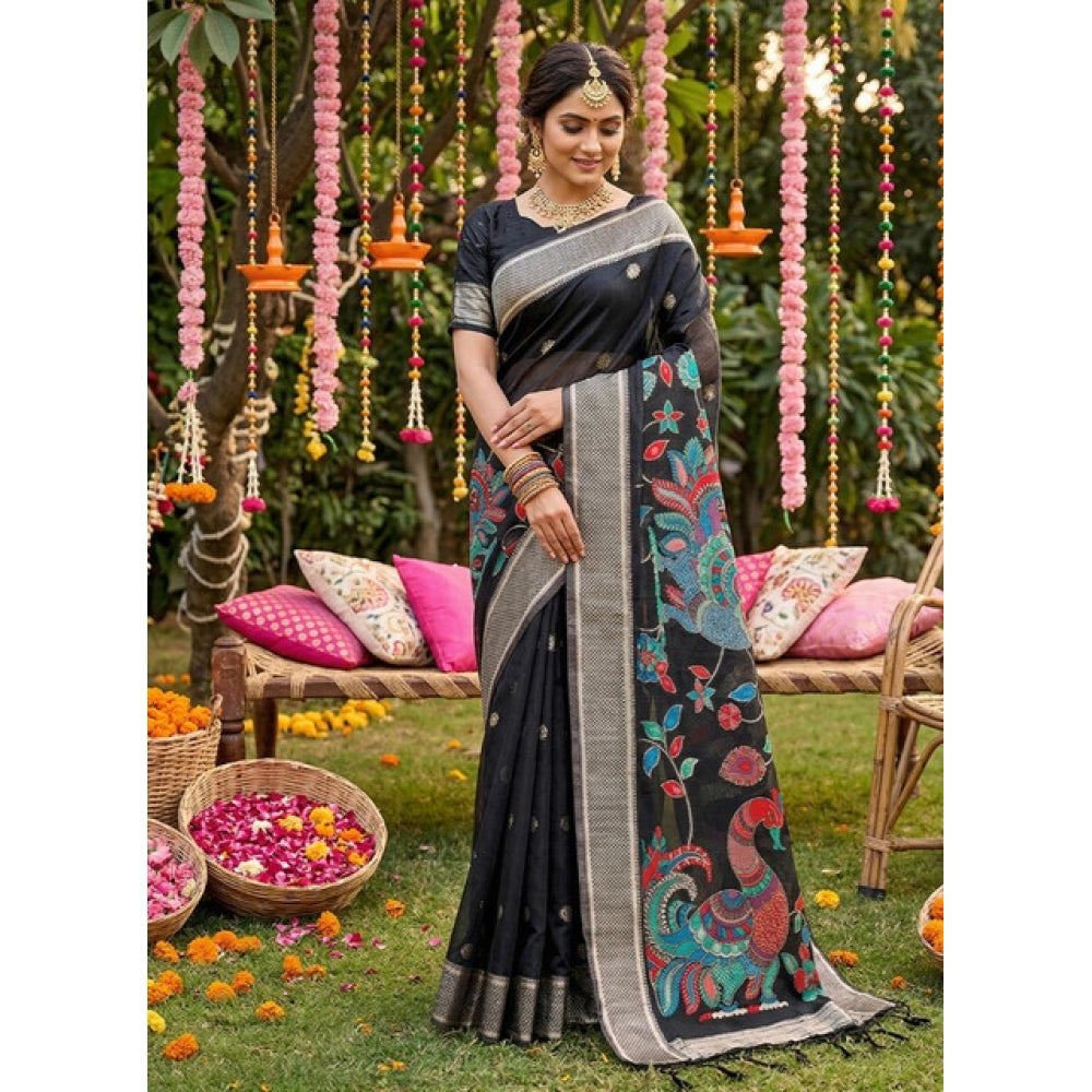 Generic Women's Linen Cotton Floral Embroidered Saree With Unstitched Blouse 5.5Mtr (Black)