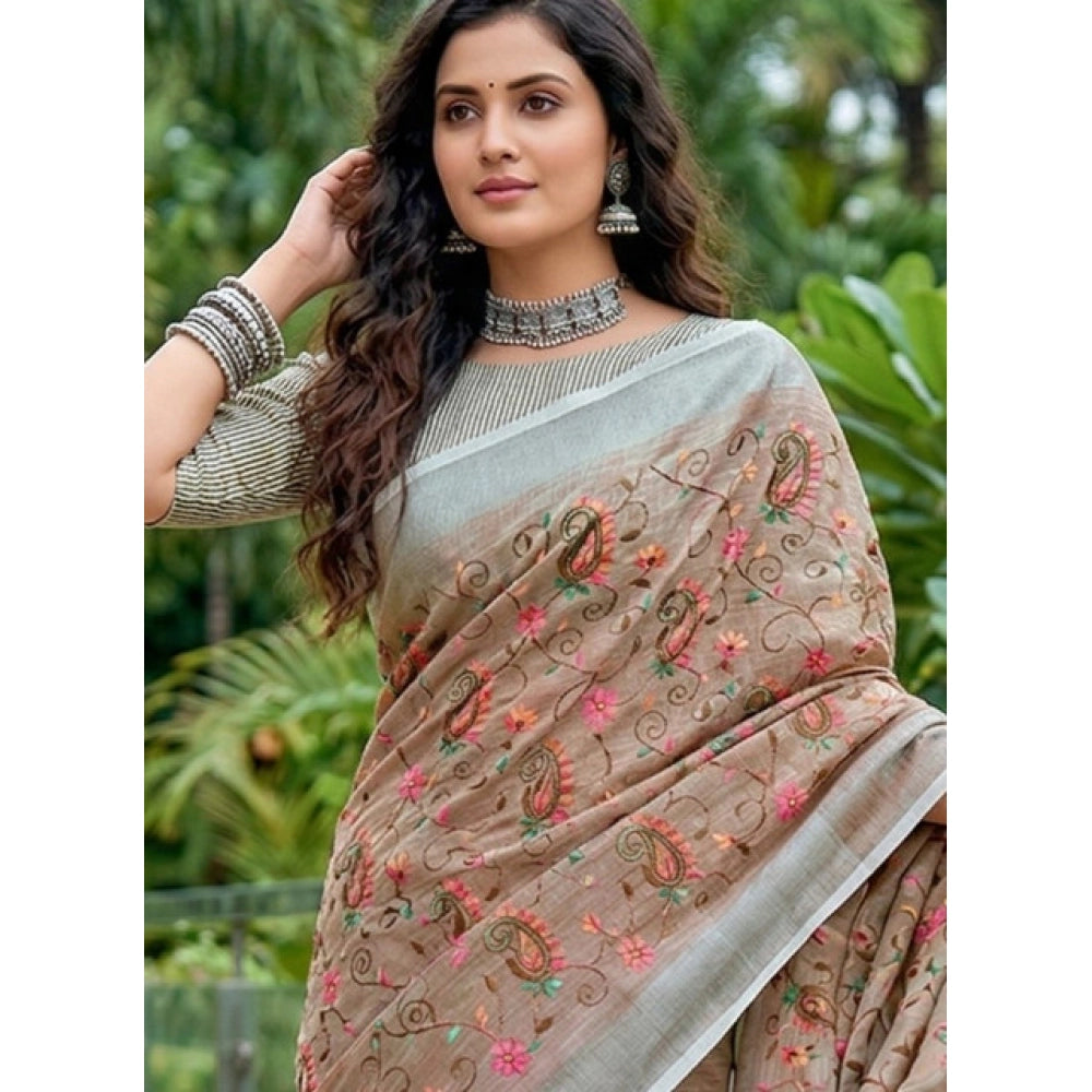 Generic Women's Linen Floral Embroidered Saree With Unstitched Blouse 5.5Mtr (Brown)