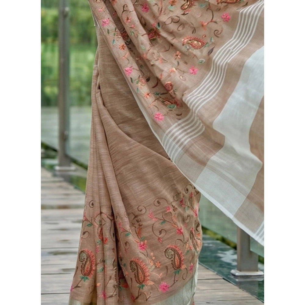 Generic Women's Linen Floral Embroidered Saree With Unstitched Blouse 5.5Mtr (Brown)