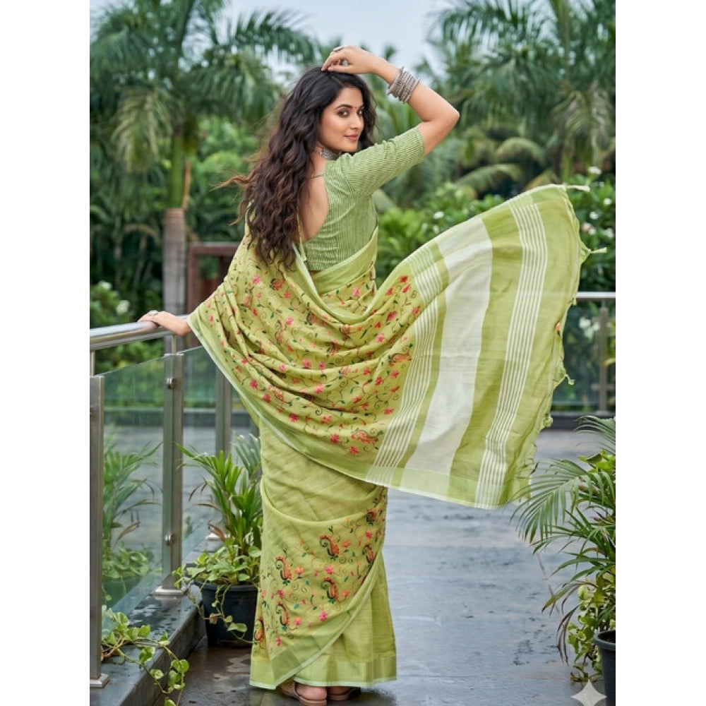 Generic Women's Linen Floral Embroidered Saree With Unstitched Blouse 5.5Mtr (Light Green)