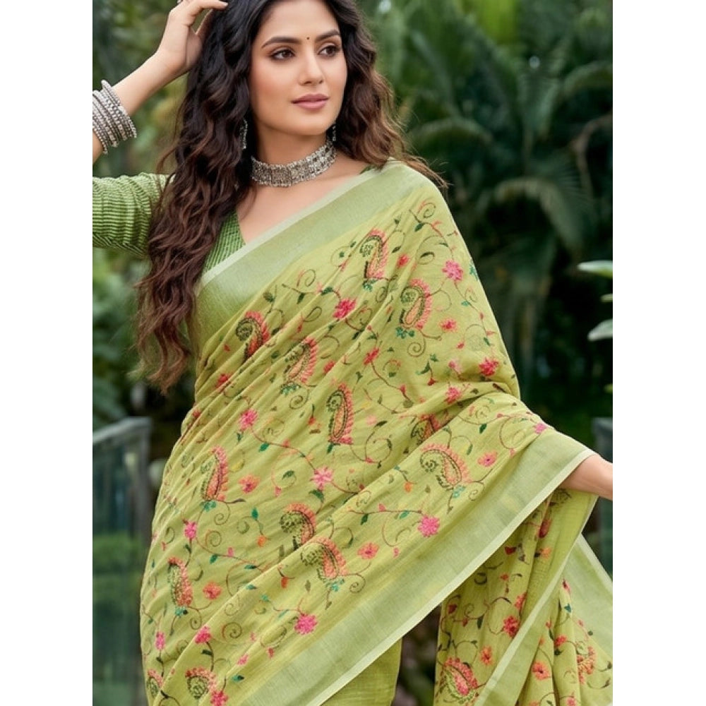 Generic Women's Linen Floral Embroidered Saree With Unstitched Blouse 5.5Mtr (Light Green)