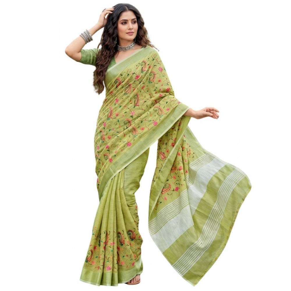 Generic Women's Linen Floral Embroidered Saree With Unstitched Blouse 5.5Mtr (Light Green)