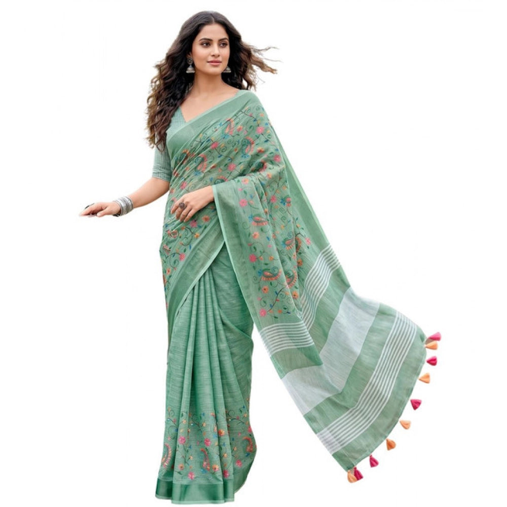 Generic Women's Linen Floral Embroidered Saree With Unstitched Blouse 5.5Mtr (Sea Green)