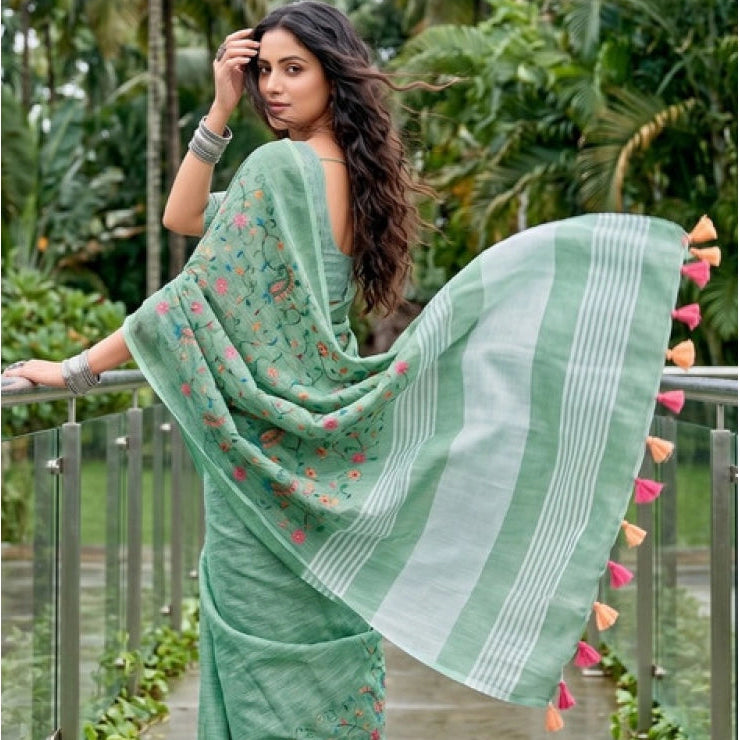 Generic Women's Linen Floral Embroidered Saree With Unstitched Blouse 5.5Mtr (Sea Green)